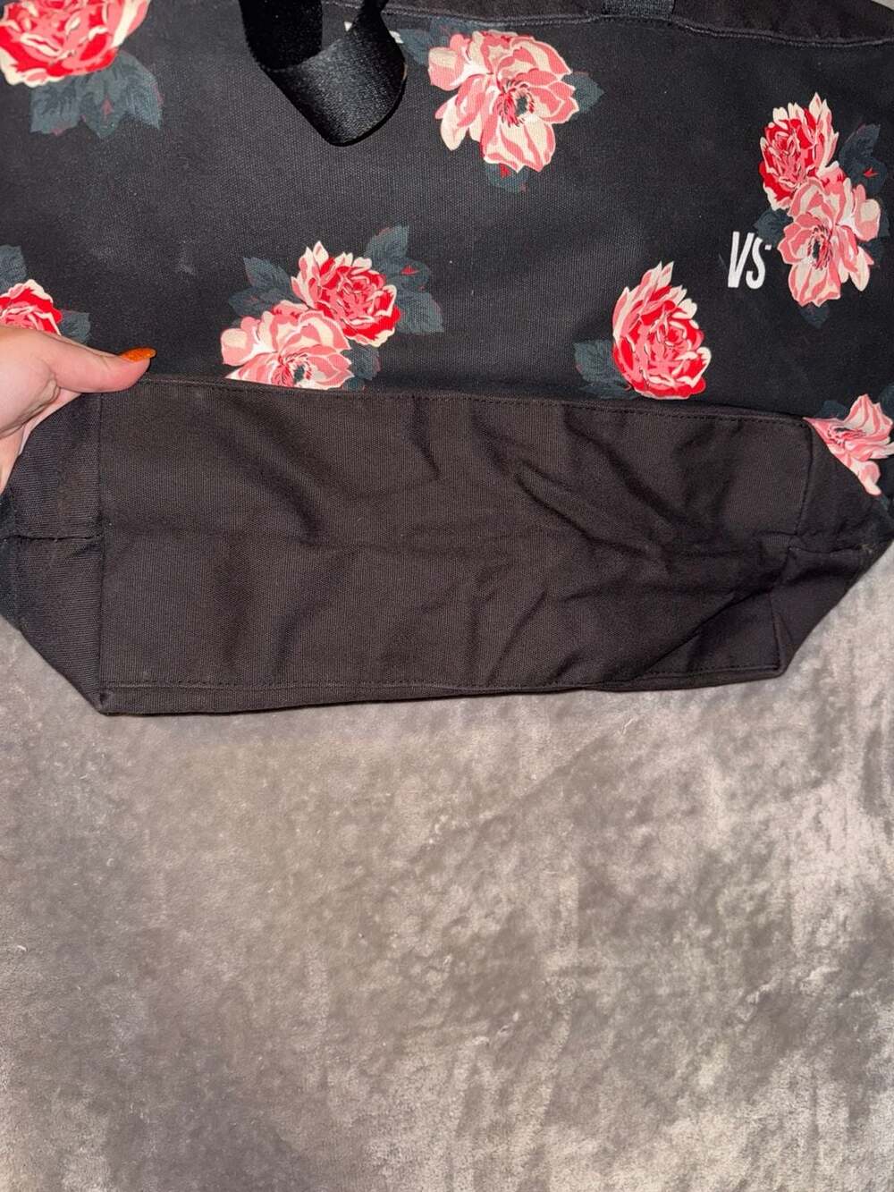 Victoria's Secret Black Floral Canvas Tote Bag with VS Logo - Picture 2 of 11